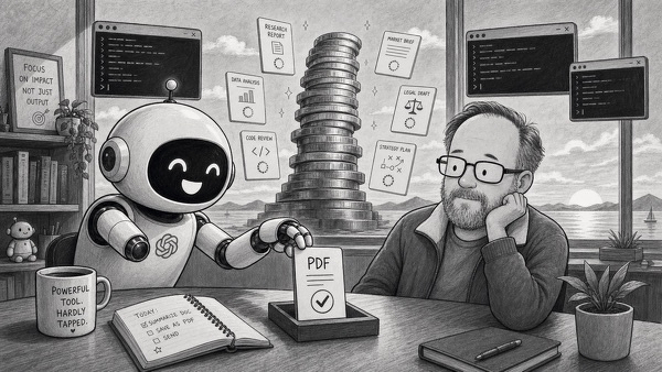 Auto-generated description: A cheerful robot across from a thoughtful man places a PDF into a machine, surrounded by various tech and productivity elements in a cozy office setting with a scenic ocean view.