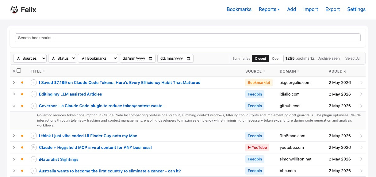 Auto-generated description: A dashboard displays a list of saved bookmarks with details such as source, date, and tags.