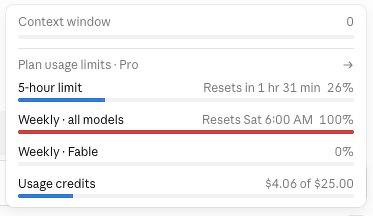 Auto-generated description: A usage summary shows a 5-hour limit with 26% used, weekly limits for all models at 100%, and usage credits of $4.06 out of $25.00.