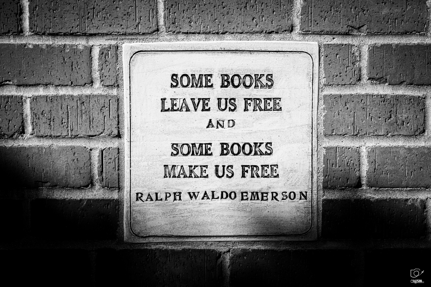 Auto-generated description: A plaque mounted on a brick wall displays a quote by Ralph Waldo Emerson: Some books leave us free and some books make us free.