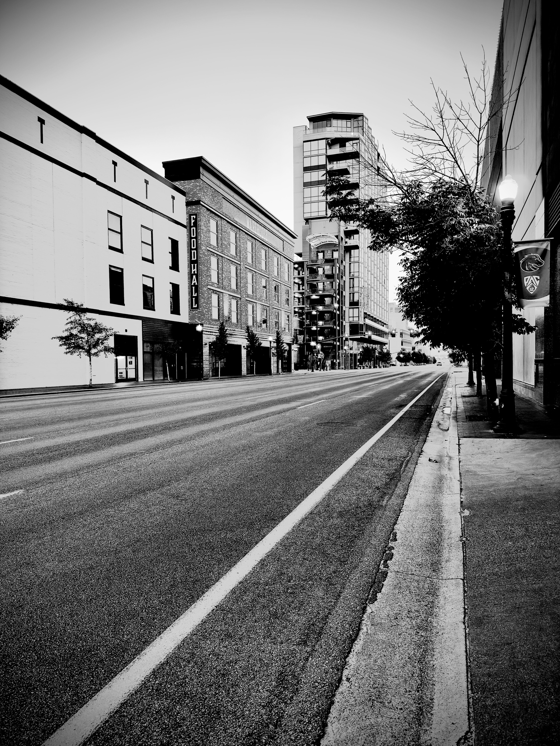 Auto-generated description: A deserted street is lined with buildings on the left and trees on the right, including one labeled Food Hall.