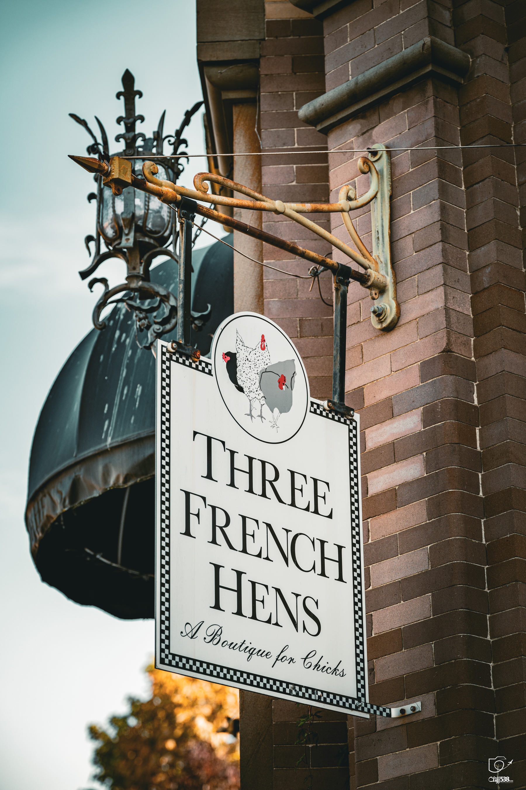 Auto-generated description: A vintage-style sign hanging from a brick building reads Three French Hens with an illustration of three chickens and the tagline A Boutique for Chicks.