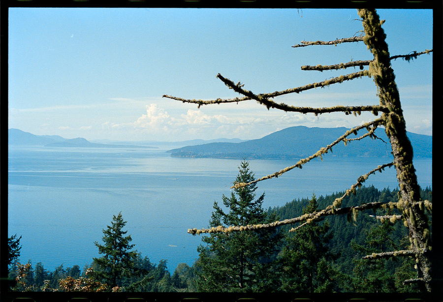 Auto-generated description: A scenic view of a calm body of water surrounded by forested hills and mountains under a clear blue sky.