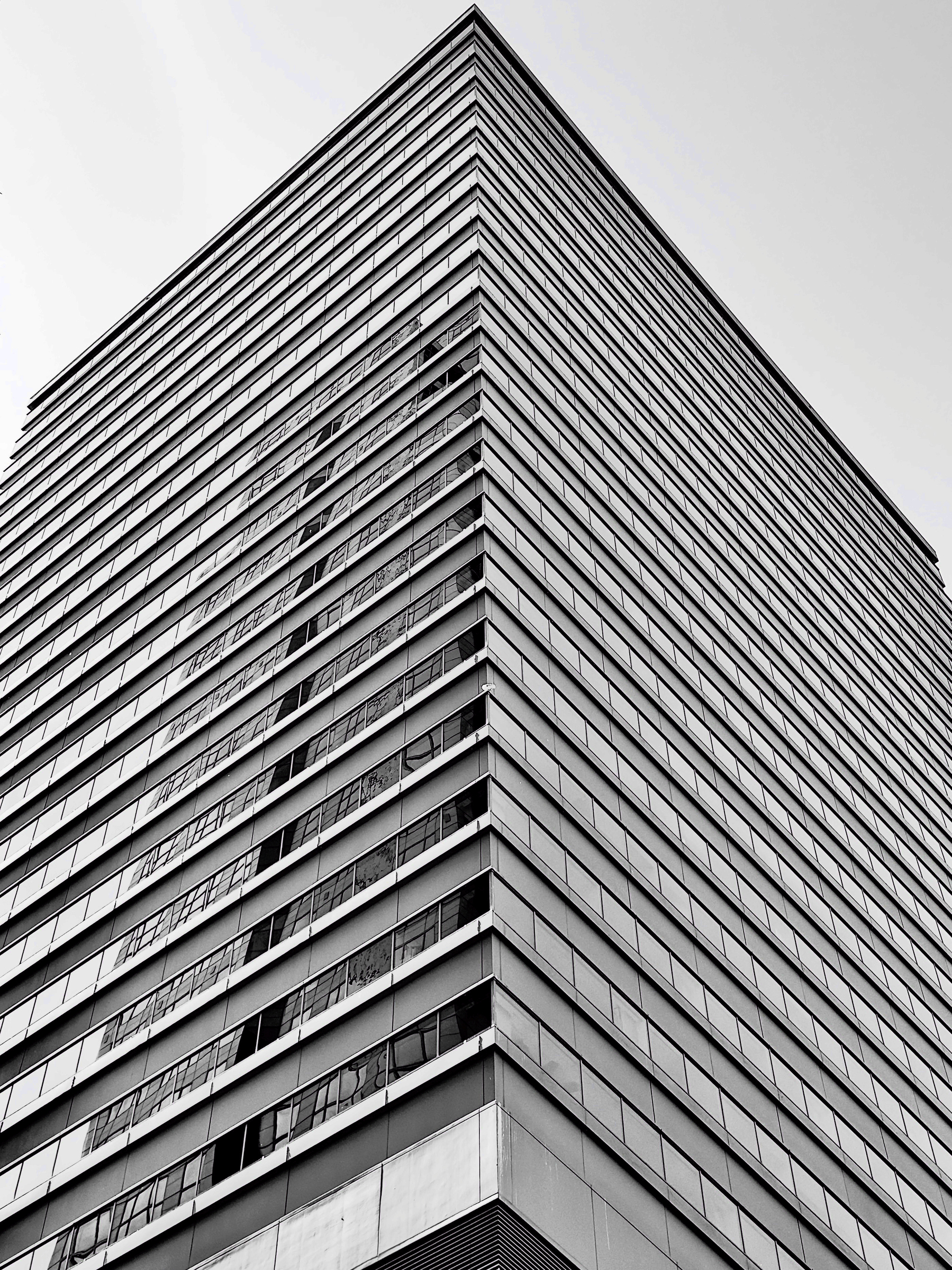 Auto-generated description: A black and white photograph of a modern, tall office building with numerous windows, captured from a low-angle perspective.