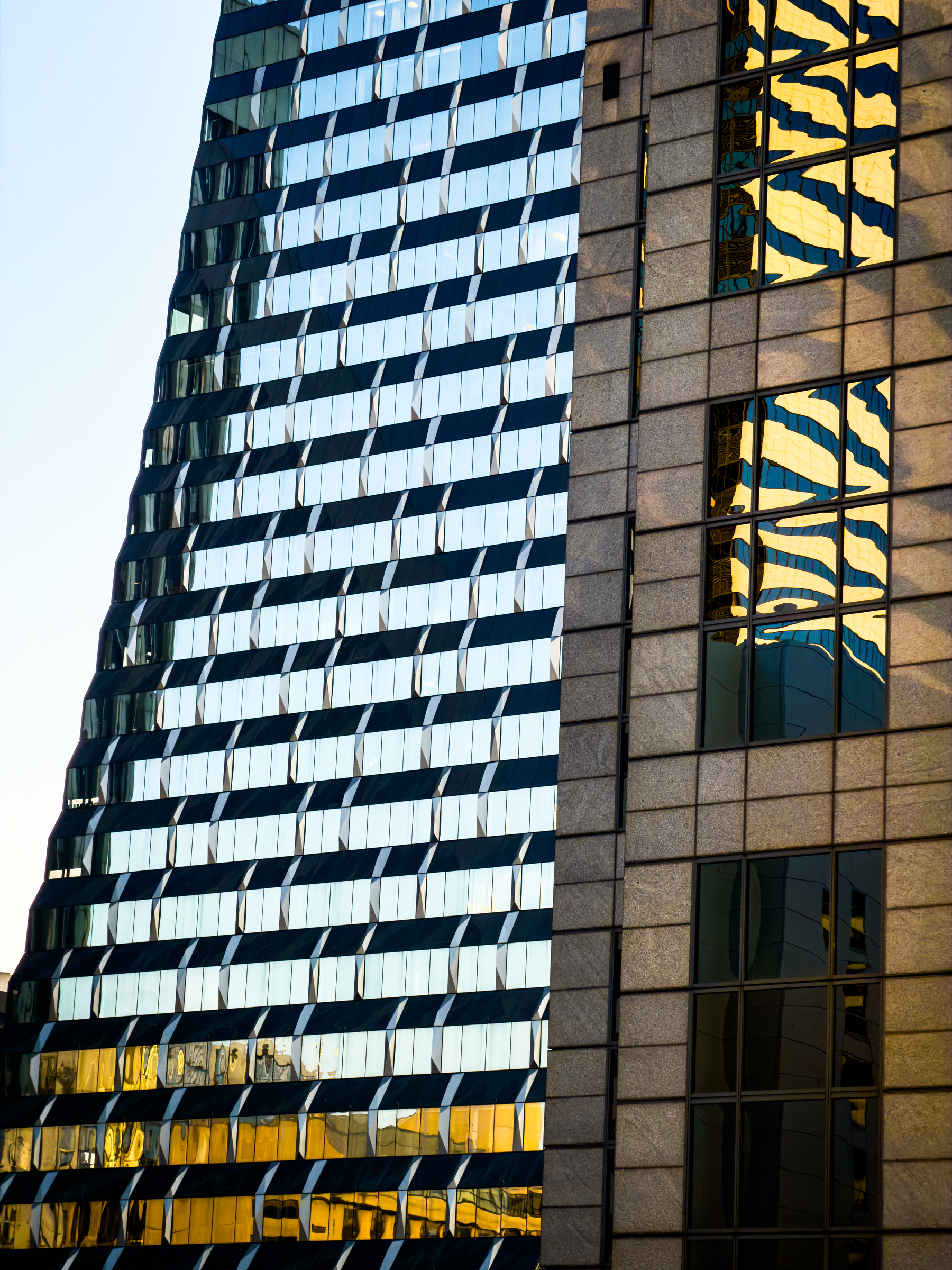 Auto-generated description: Two modern high-rise buildings with glass facades reflecting each other's patterns and creating a visually striking contrast of distorted and geometric reflections.