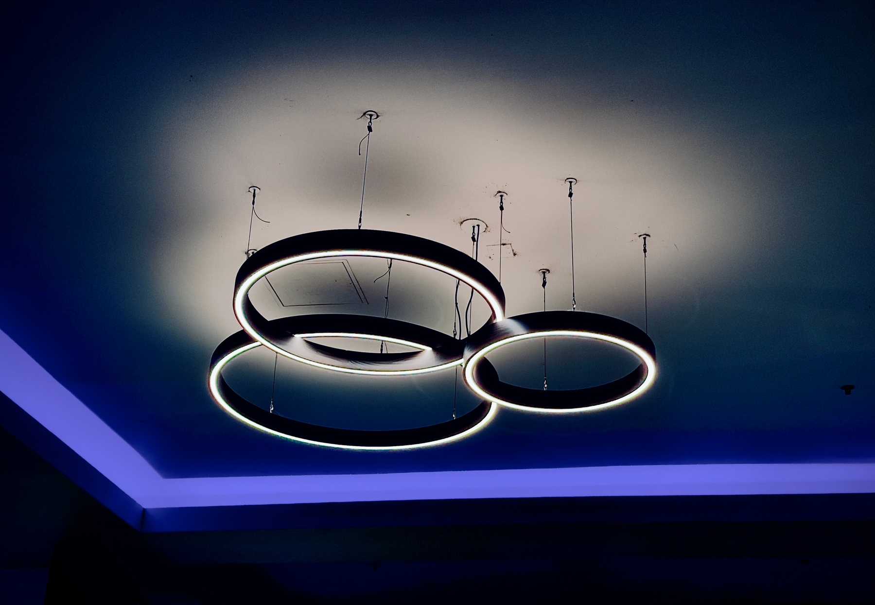 Auto-generated description: Three modern circular LED ceiling lights are suspended from the ceiling, surrounded by a soft blue ambient light.