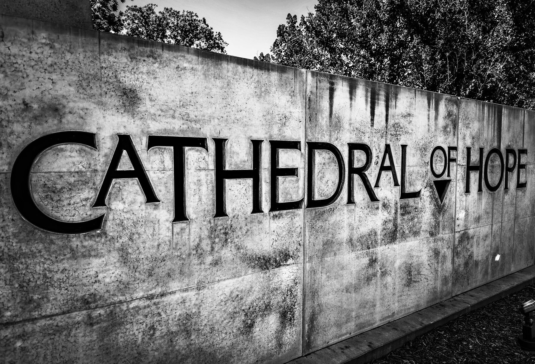 Auto-generated description: A concrete wall displays the words CATHEDRAL OF HOPE in large, bold letters with trees visible in the background.