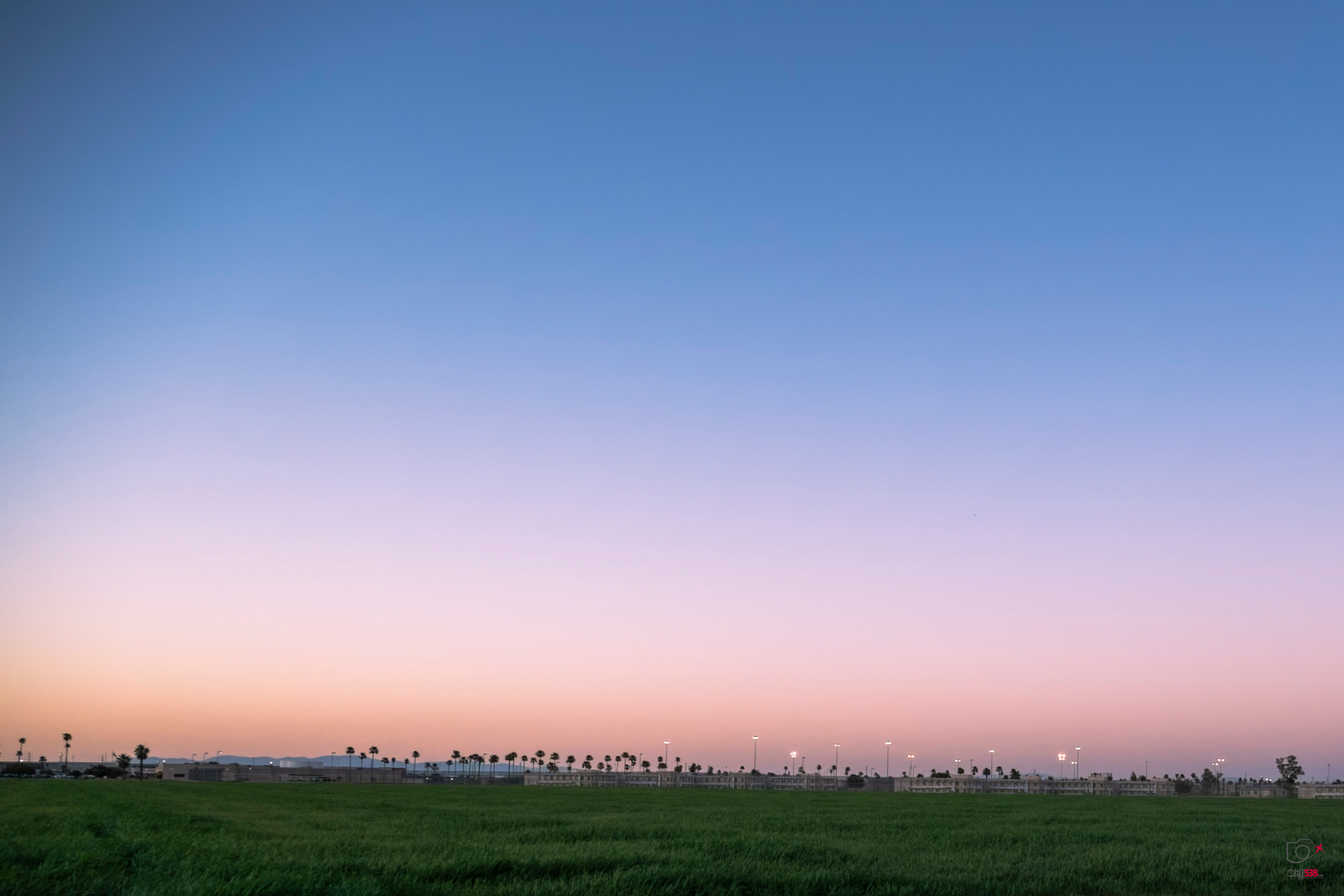 Auto-generated description: A wide open grassy field stretches under a clear sky transitioning from soft pink near the horizon to deep blue above, dotted with palm trees and distant lights.