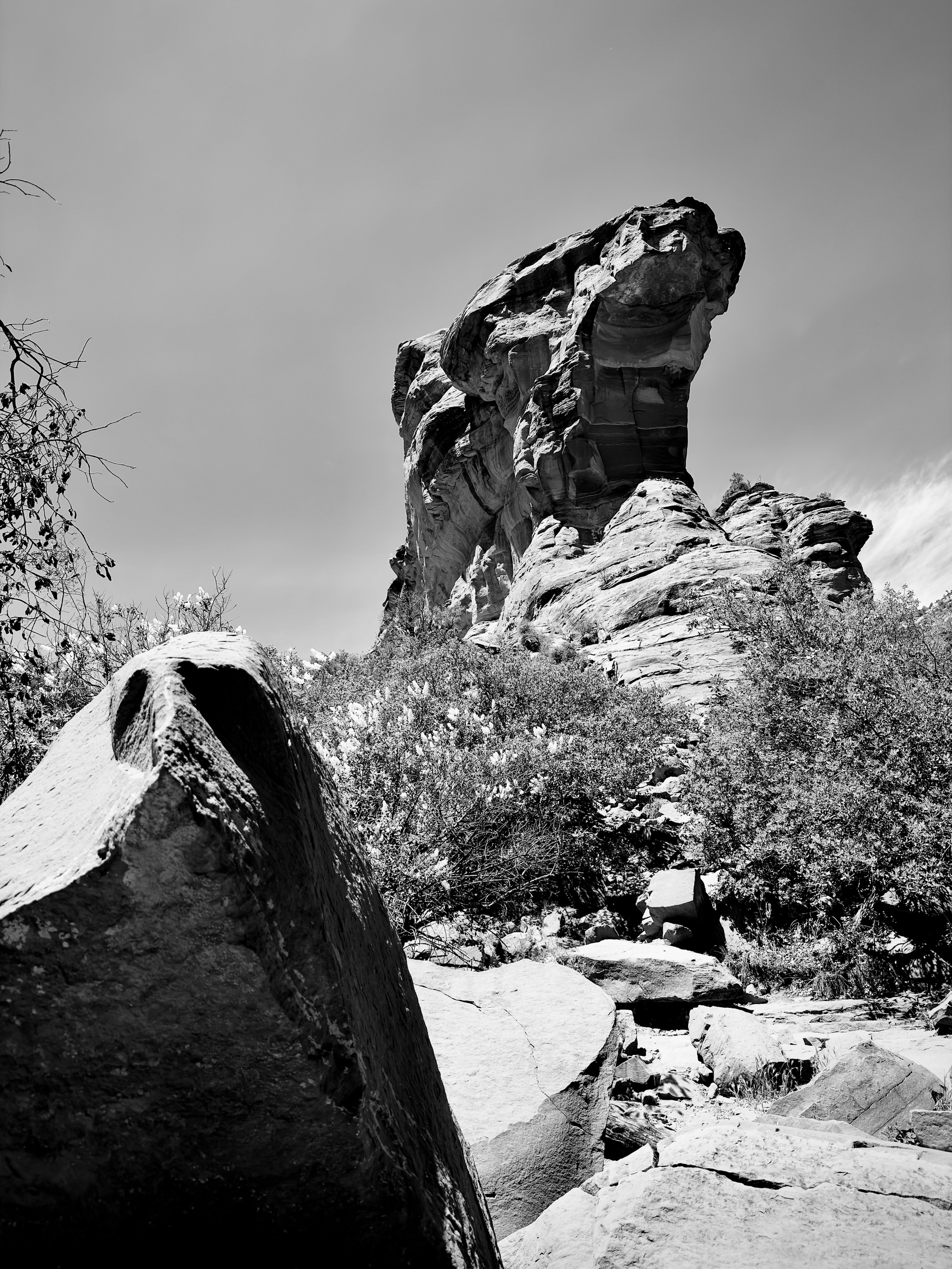 Auto-generated description: A large rock formation rises prominently against the sky, surrounded by rugged vegetation and boulders.