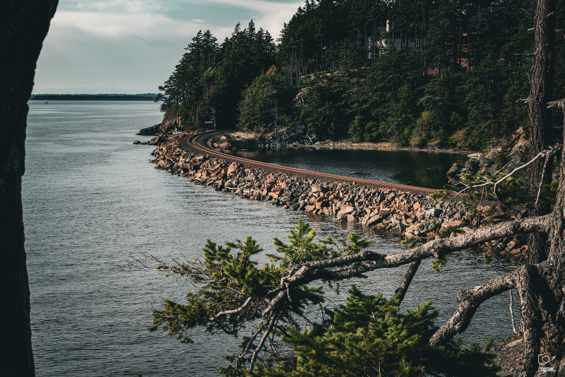 Auto-generated description: A railway track curves along the rocky shoreline surrounded by dense evergreen trees beside a calm body of water.