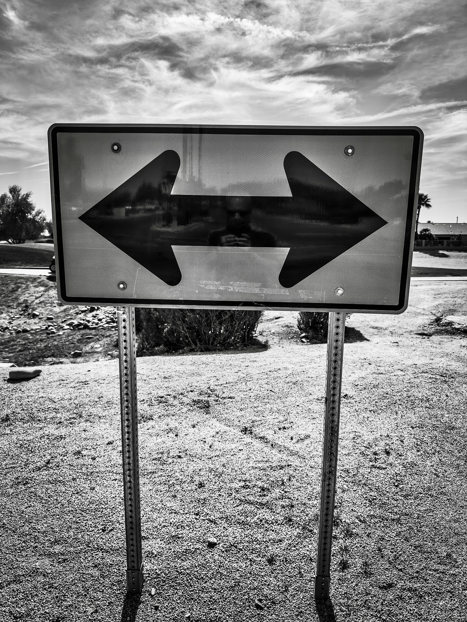 Auto-generated description: A black and white road sign displays arrows pointing left and right in a desert-like landscape.