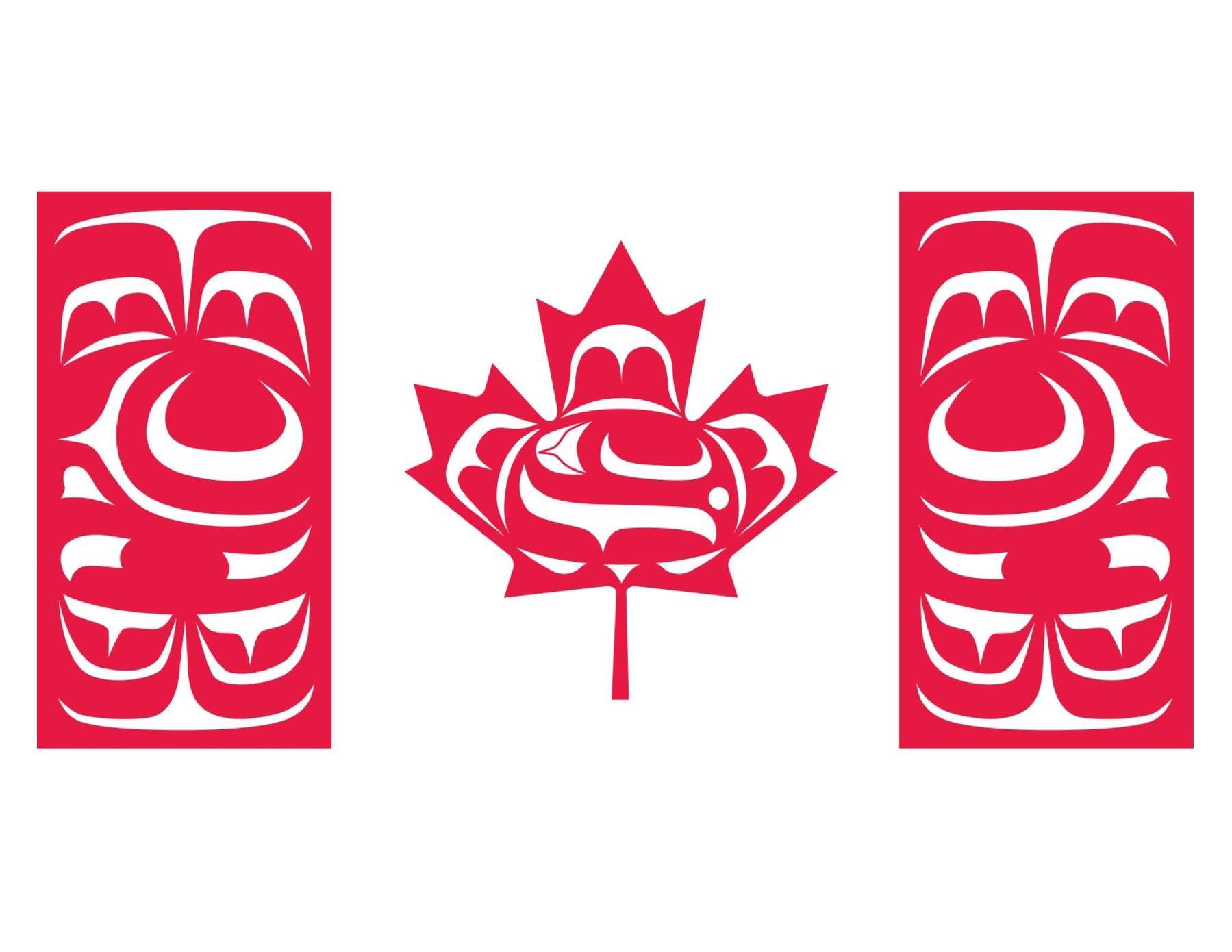 Auto-generated description: A stylized Canadian flag features Indigenous art designs in red, with the central maple leaf and two rectangular panels on either side.