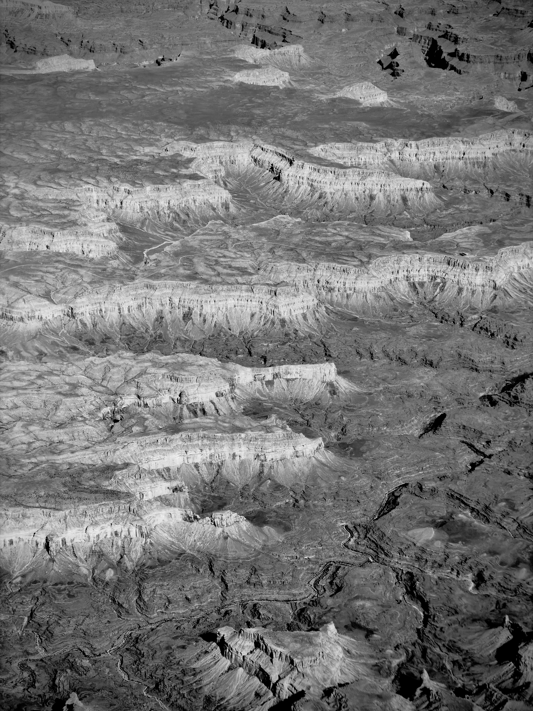 Auto-generated description: A vast, rugged landscape of eroded rock formations and deep canyons is captured in black and white from an aerial perspective.