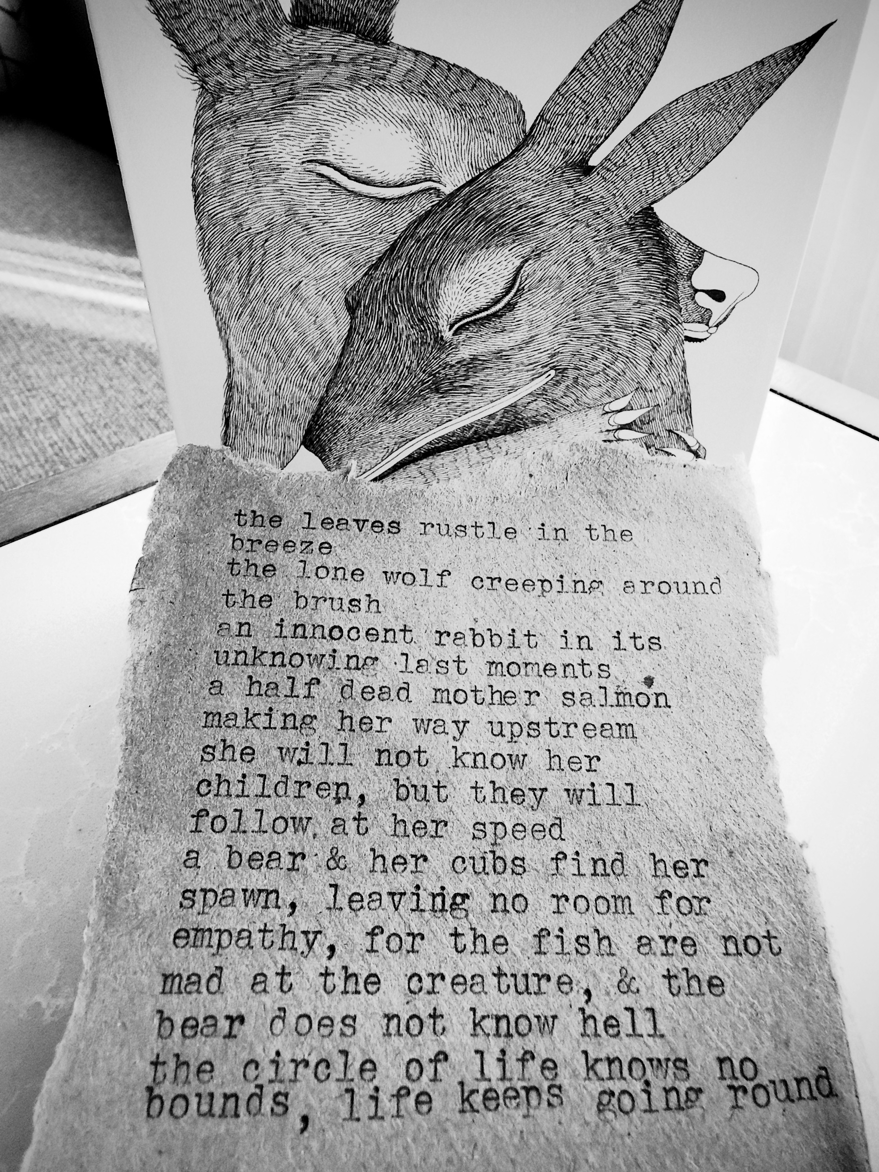 Auto-generated description: A detailed drawing of two rabbits with closed eyes is accompanied by a typewritten poem reflecting on nature, life, and the circle of life.