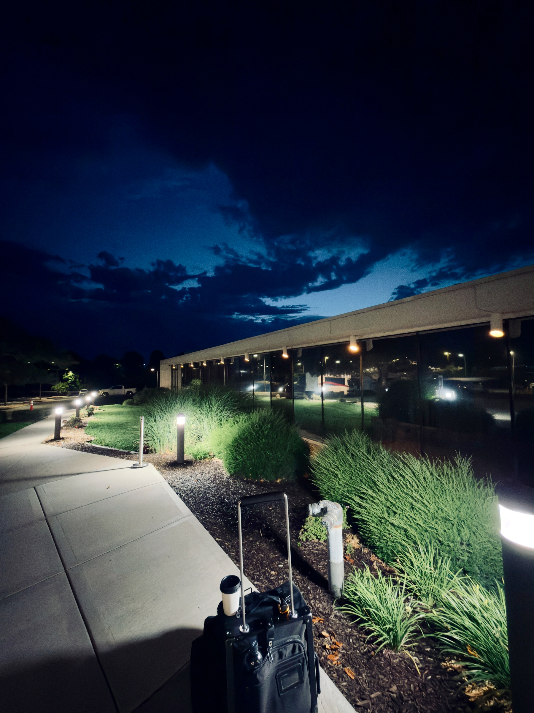 Auto-generated description: A suitcase with a coffee cup on top is placed on a sidewalk next to illuminated garden lights and bushes outside a building during twilight.