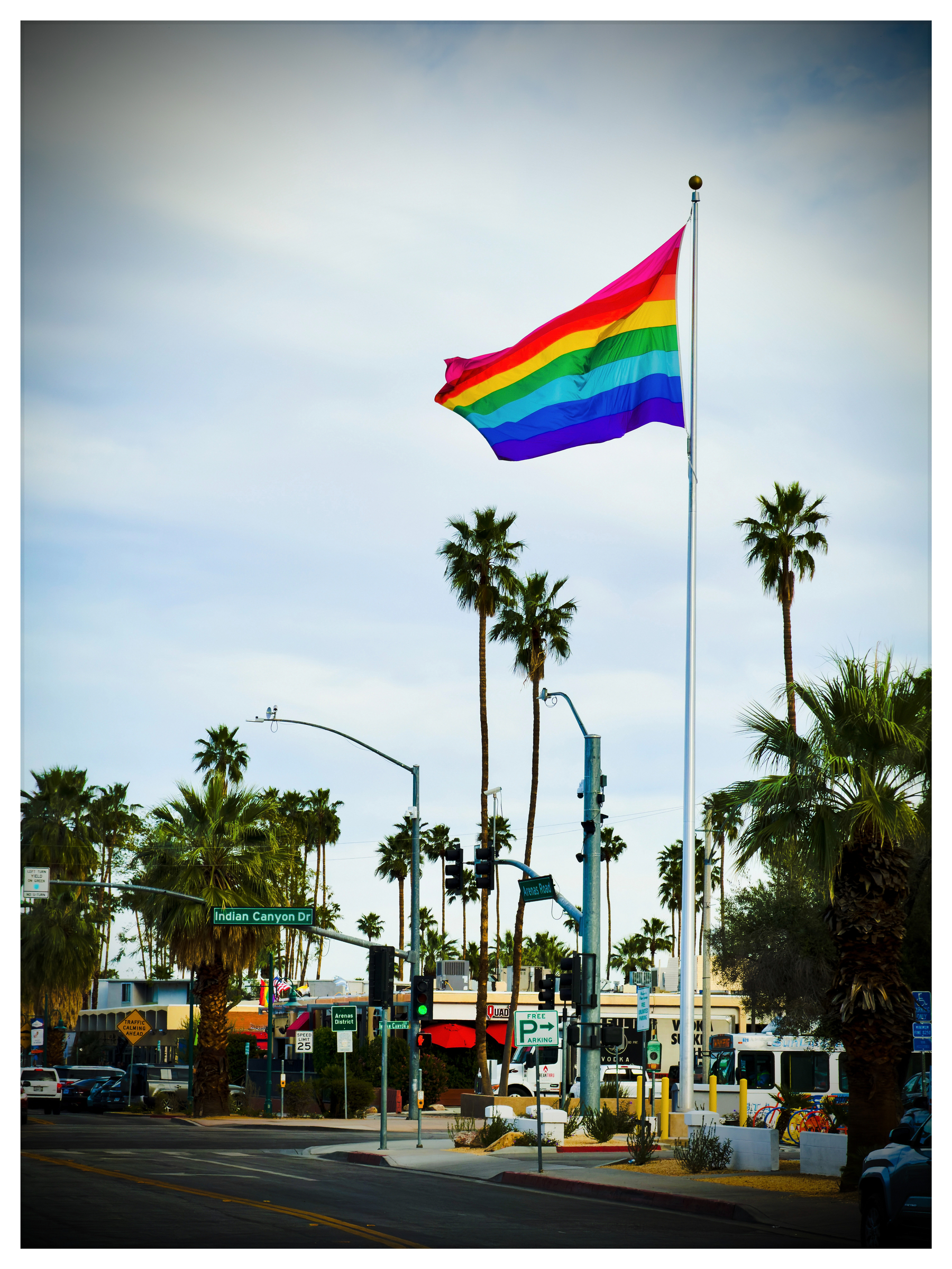 Auto-generated description: A rainbow flag waves proudly atop a flagpole against a backdrop of palm trees and a street scene.