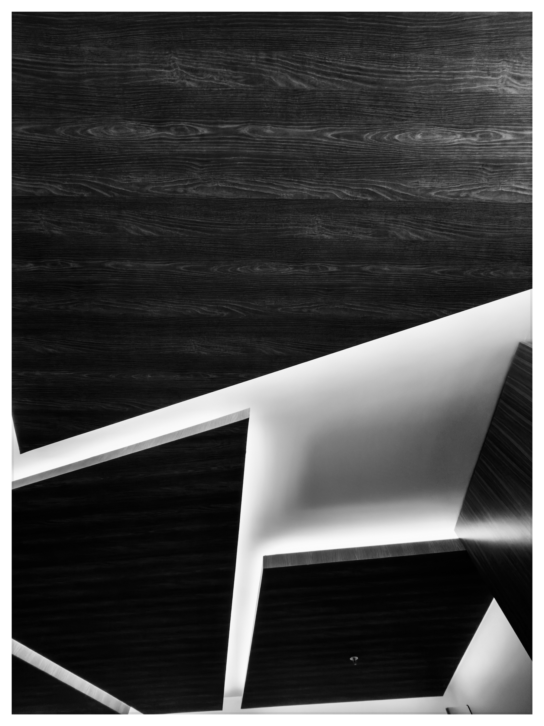 Auto-generated description: A modern ceiling design features geometric patterns with contrasting light and dark elements.