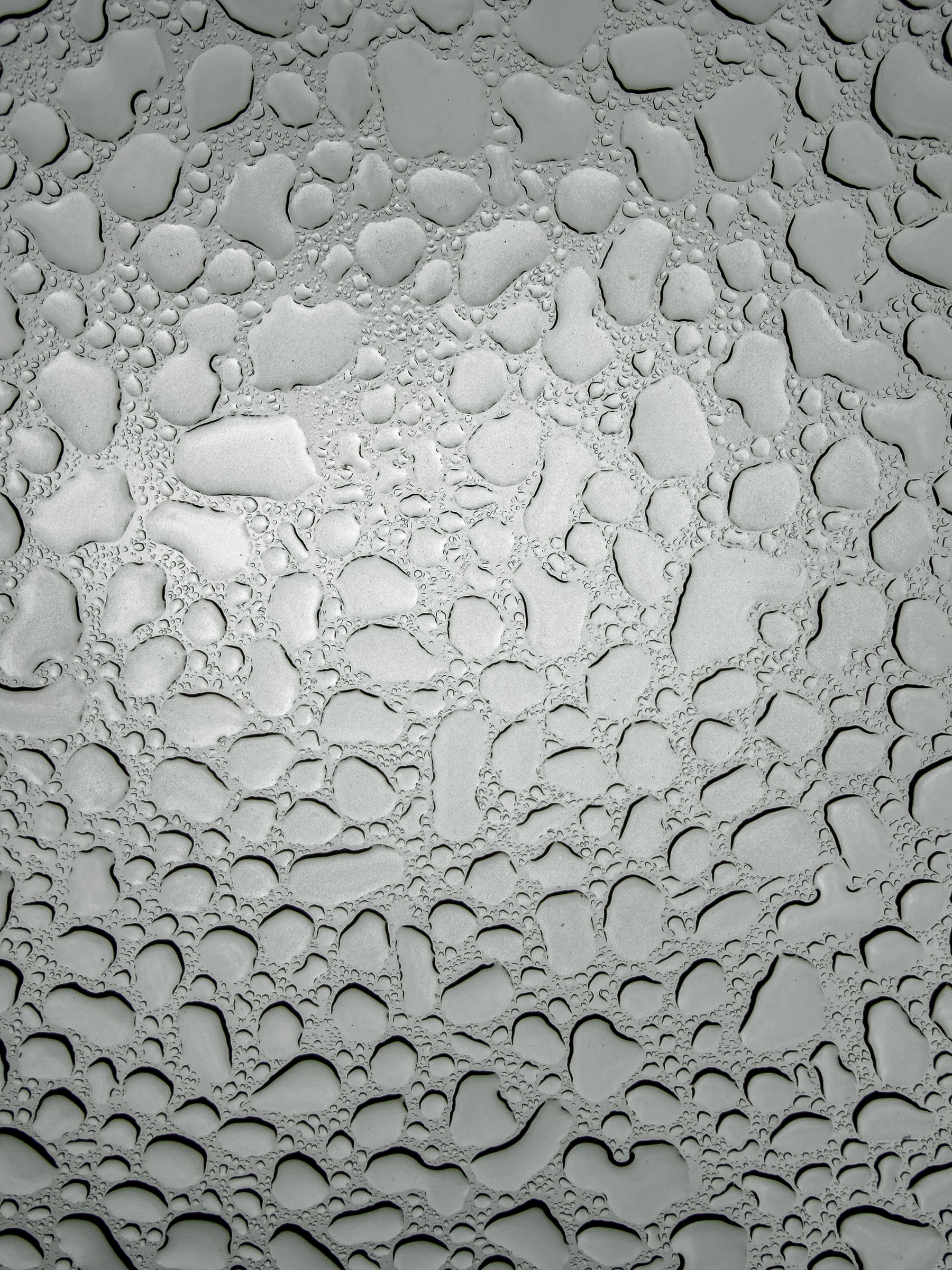 Auto-generated description: Water droplets of various sizes are scattered across a smooth, transparent surface, creating a pattern of reflections and refractions.