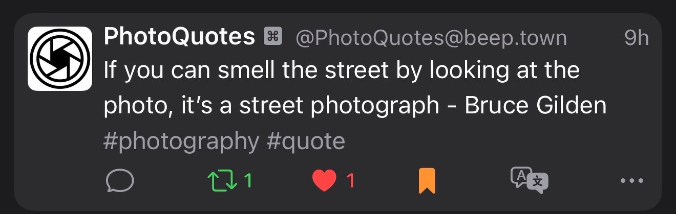 Auto-generated description: A quote by Bruce Gilden states that if you can smell the street by looking at a photo, it’s a street photograph.