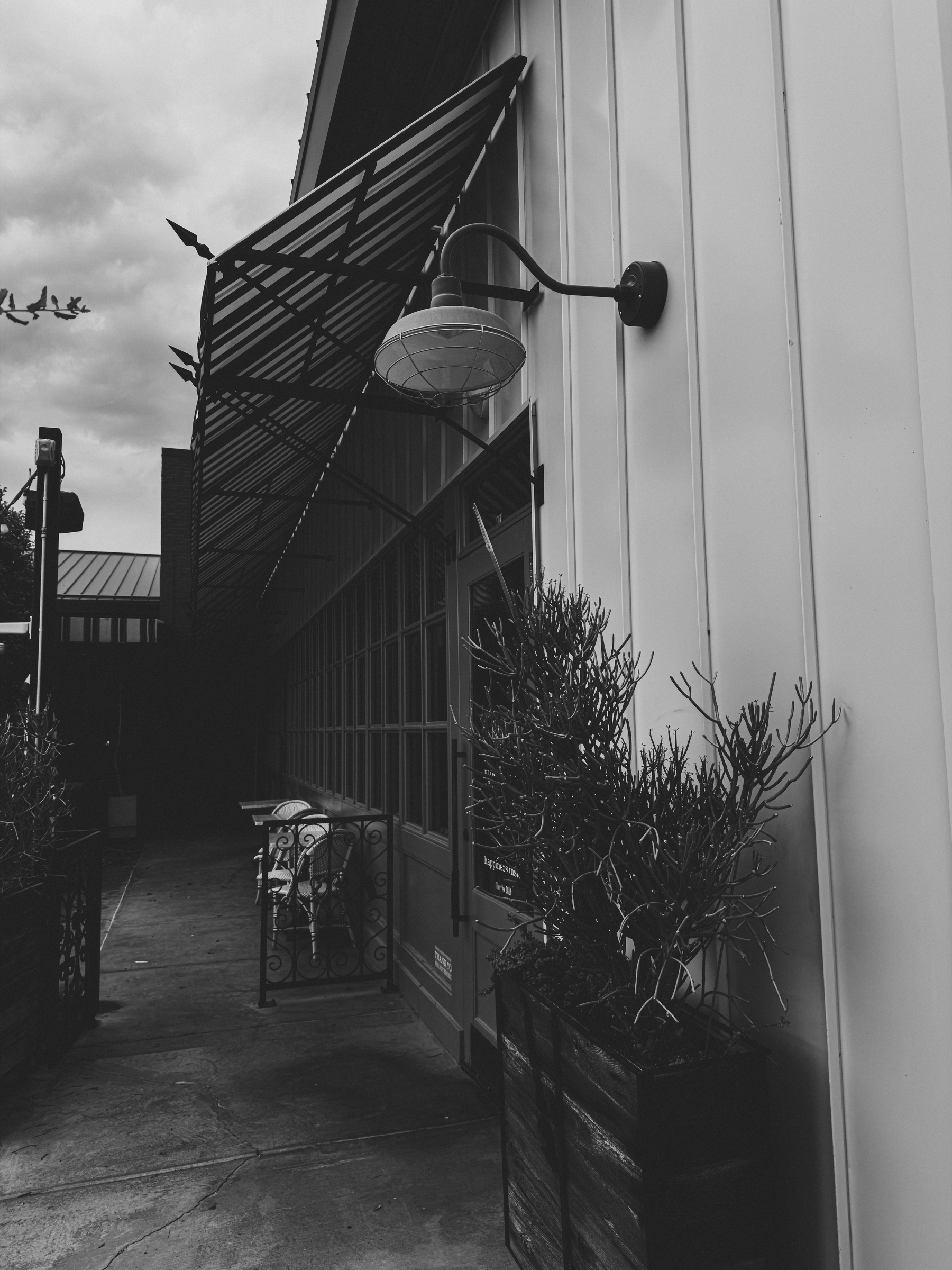 Auto-generated description: A narrow outdoor walkway beside a building features a large overhanging light fixture, potted plants, and metal awnings.