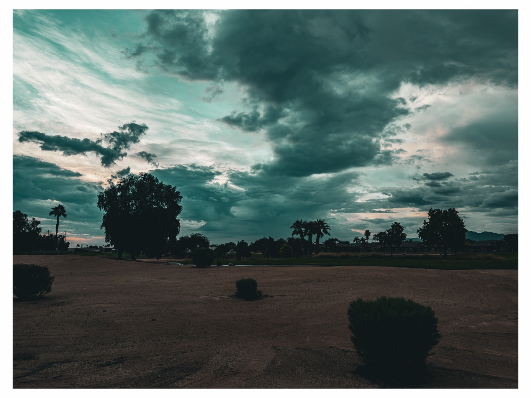 Auto-generated description: Dark clouds cover the sky over a landscape with scattered trees and bushes.