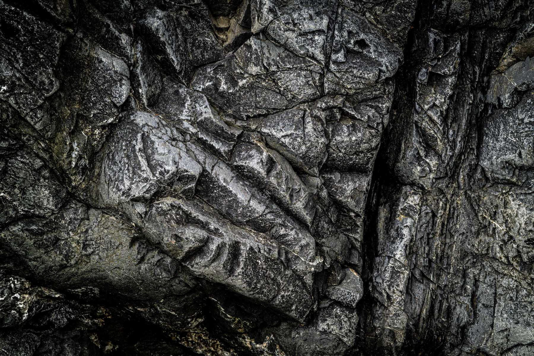 Auto-generated description: Dark, textured rock formations with distinct, sharp grooves and crevices create a rugged surface.