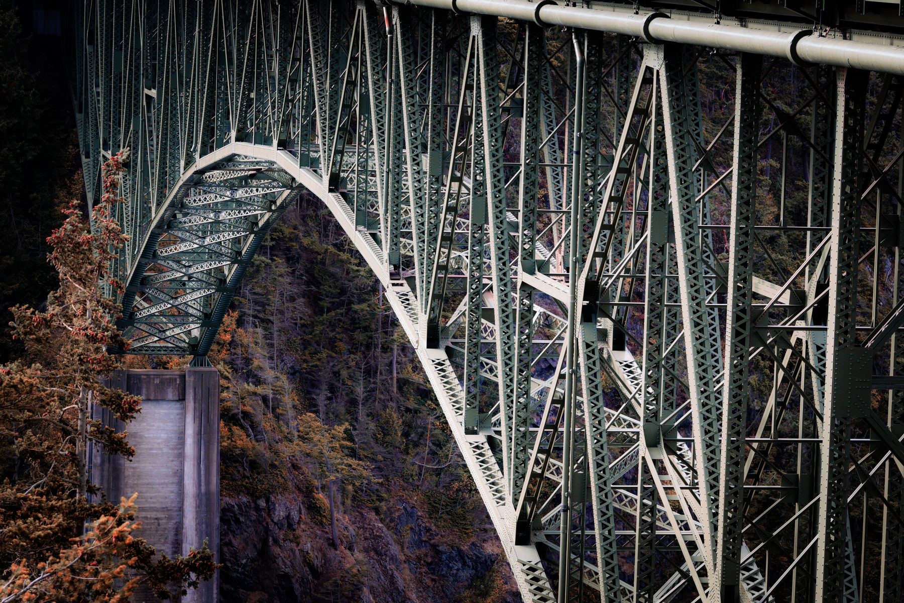 Auto-generated description: A large steel arch bridge spans a deep canyon surrounded by trees and rocky cliffs.