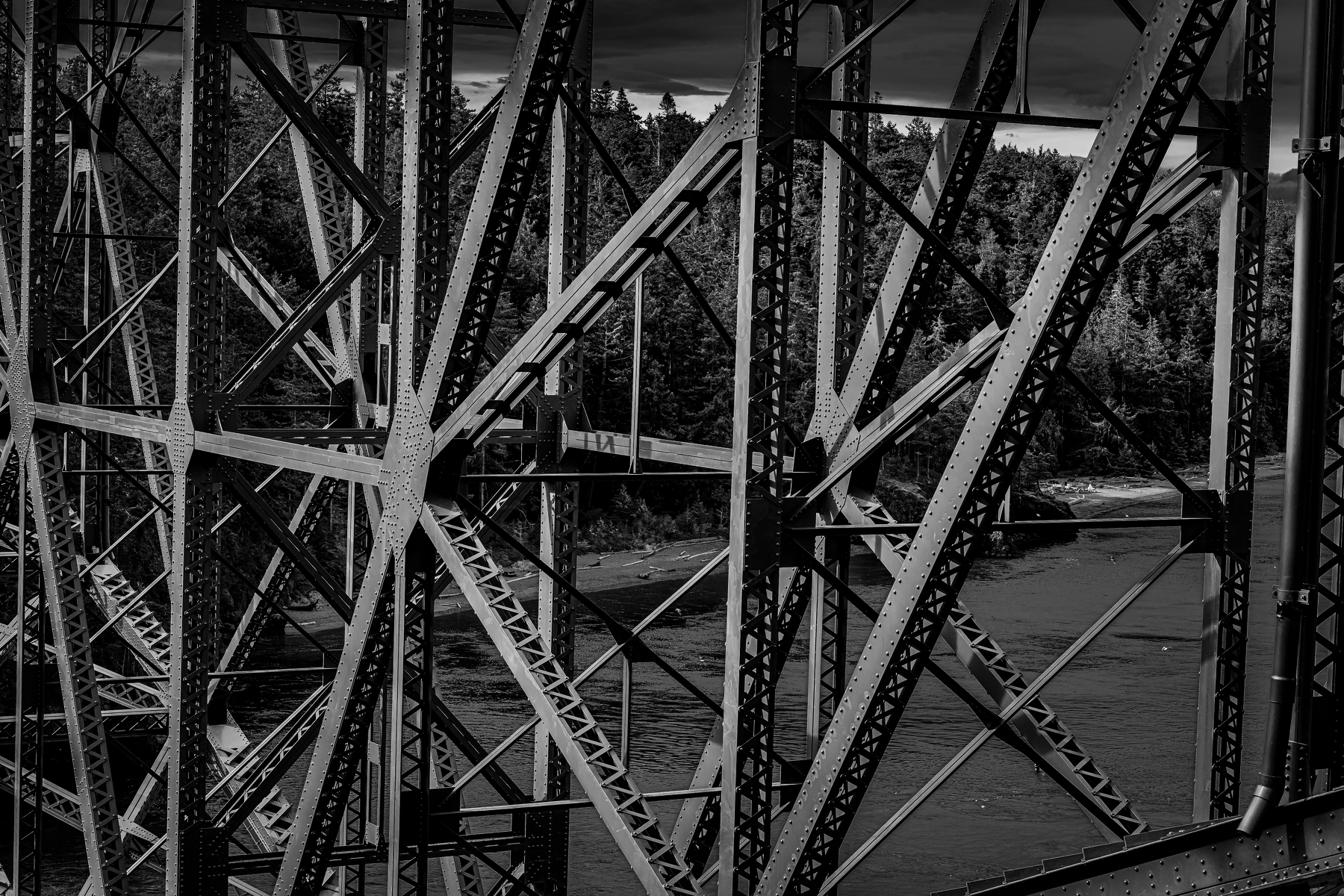 Auto-generated description: A detailed close-up of the intricate metal framework of a bridge shows a river and forested area in the background.
