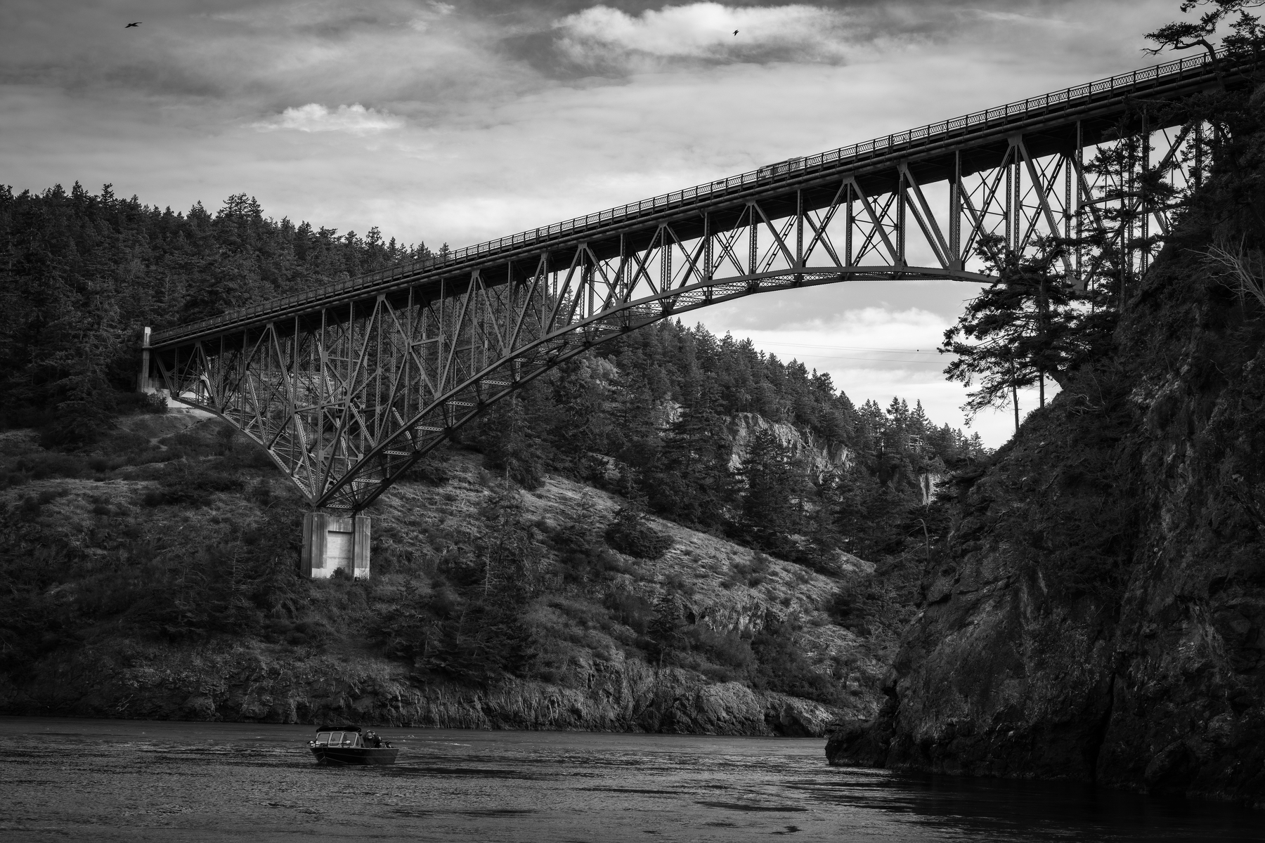 Auto-generated description: A large steel truss bridge spans across a river with forested hills on either side under a partly cloudy sky.