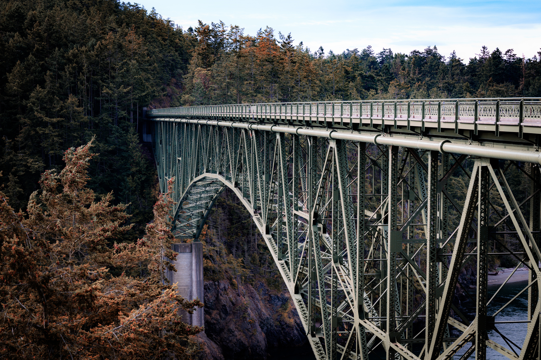 Auto-generated description: A large steel arch bridge spans across a forested canyon with a body of water visible below.