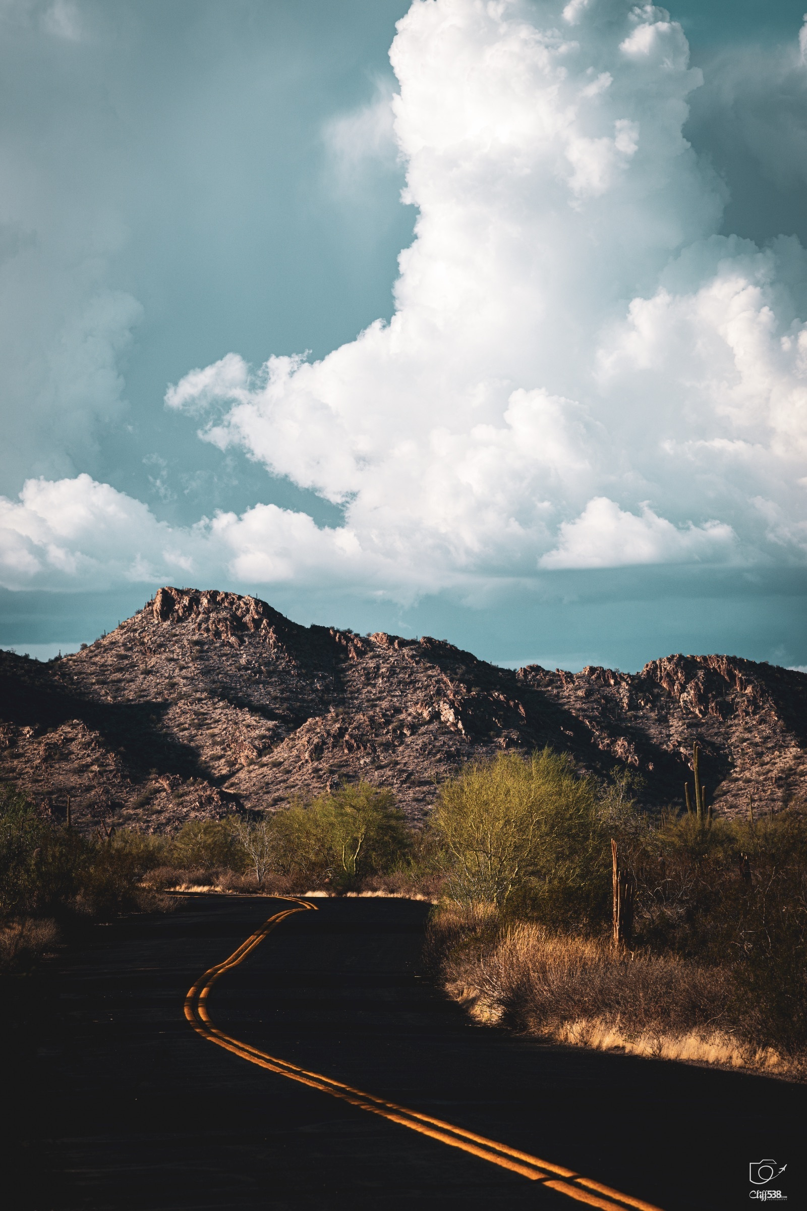Auto-generated description: A winding road leads through desert vegetation toward rocky mountains under a sky filled with large, fluffy clouds.