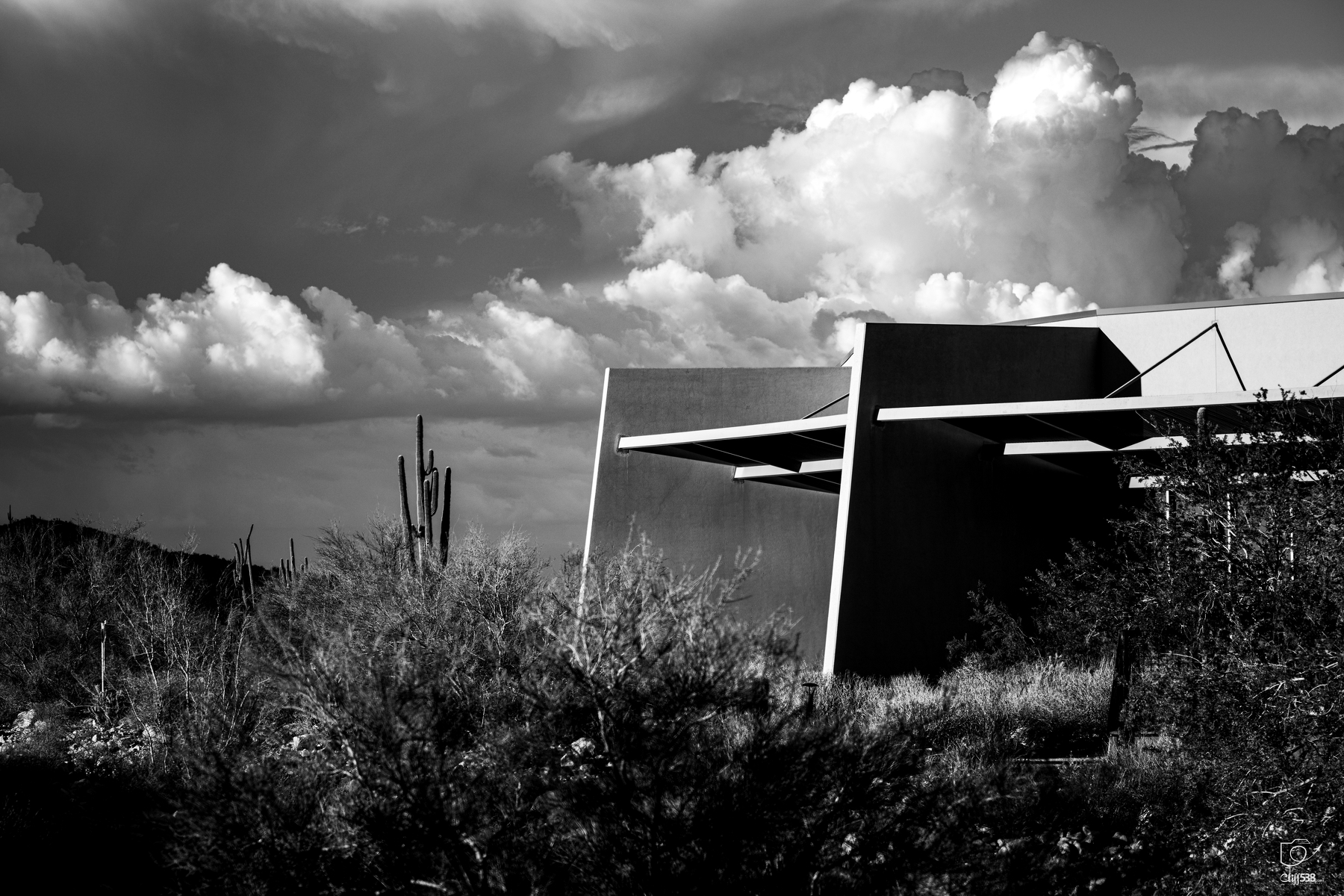 Auto-generated description: A modern, angular building stands amidst desert vegetation under a dramatic sky filled with large, fluffy clouds.