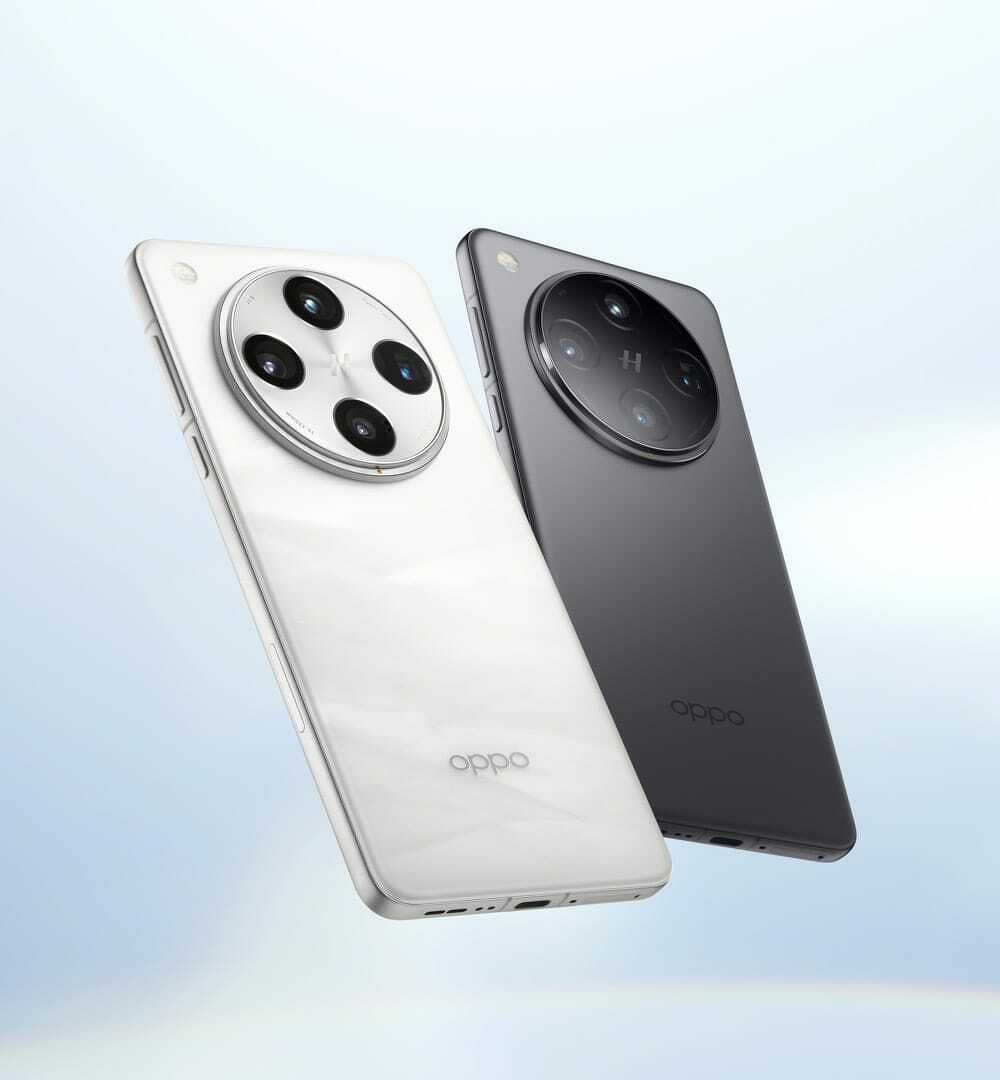 Auto-generated description: Two sleek Oppo smartphones, one white and one black, are positioned back-to-back, showcasing their rear camera systems.