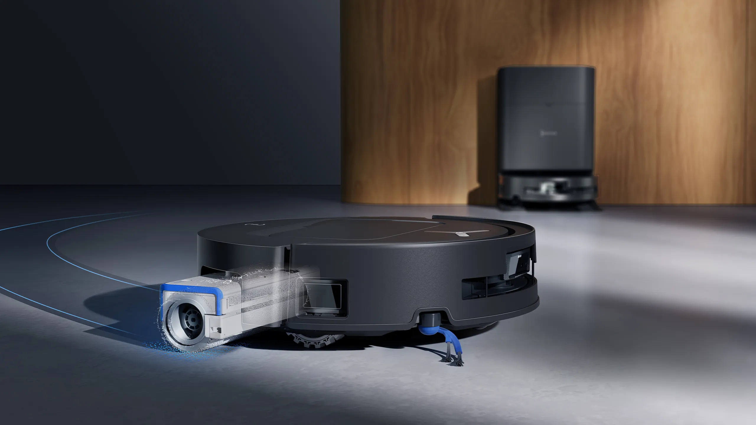 Ecovacs Deebot T80S Omni - A robotic vacuum cleaner with advanced attachments is operating on the floor, with a dock or charging station in the background.