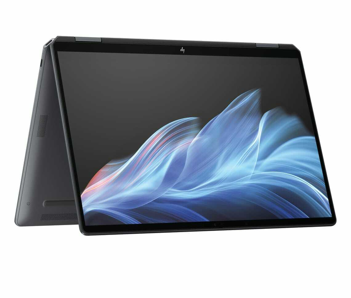 Auto-generated description: A slim, convertible laptop with a vivid display showing a dynamic, flowing blue abstract design.