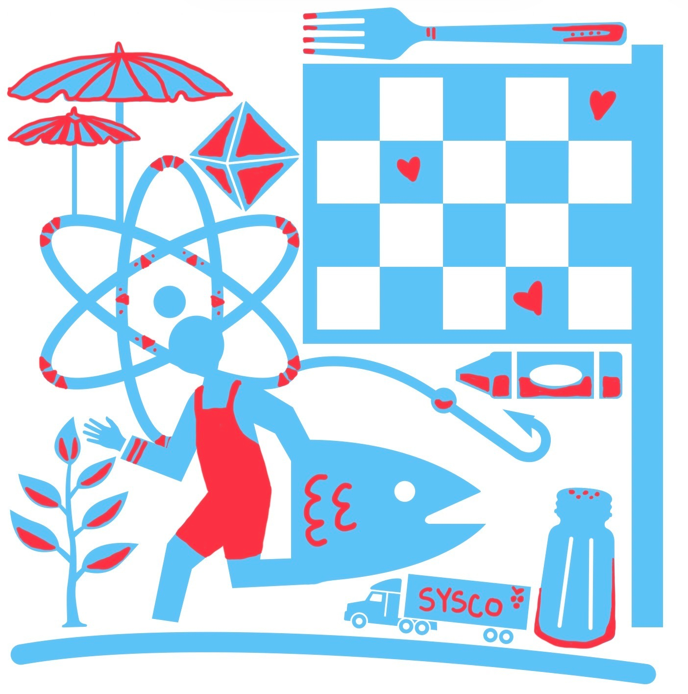 A whimsical illustration features a variety of elements including an atomic symbol, chessboard, fish, plant, kite, crayon, salt shaker, fork, and a delivery truck.