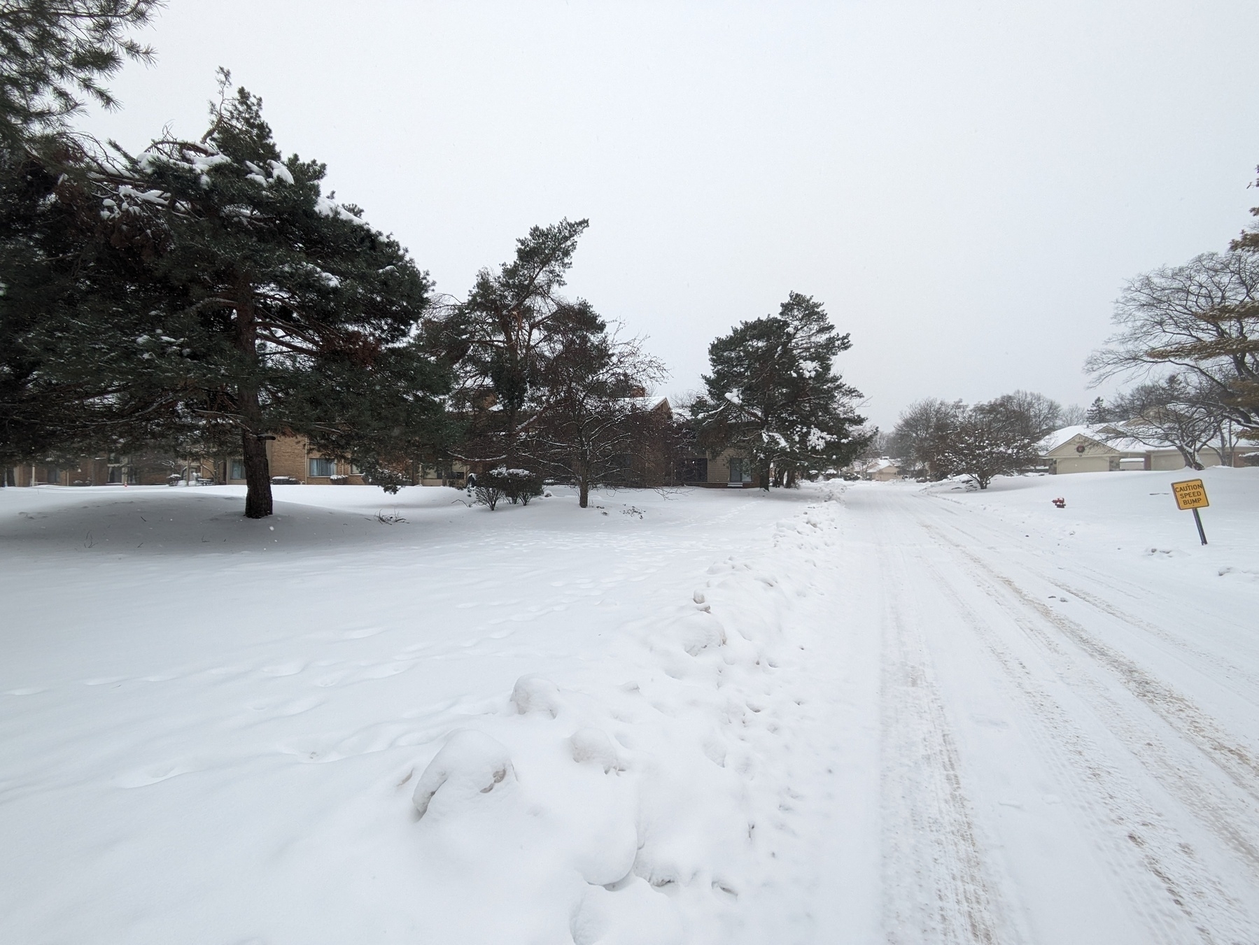Snow covered road and lawn 