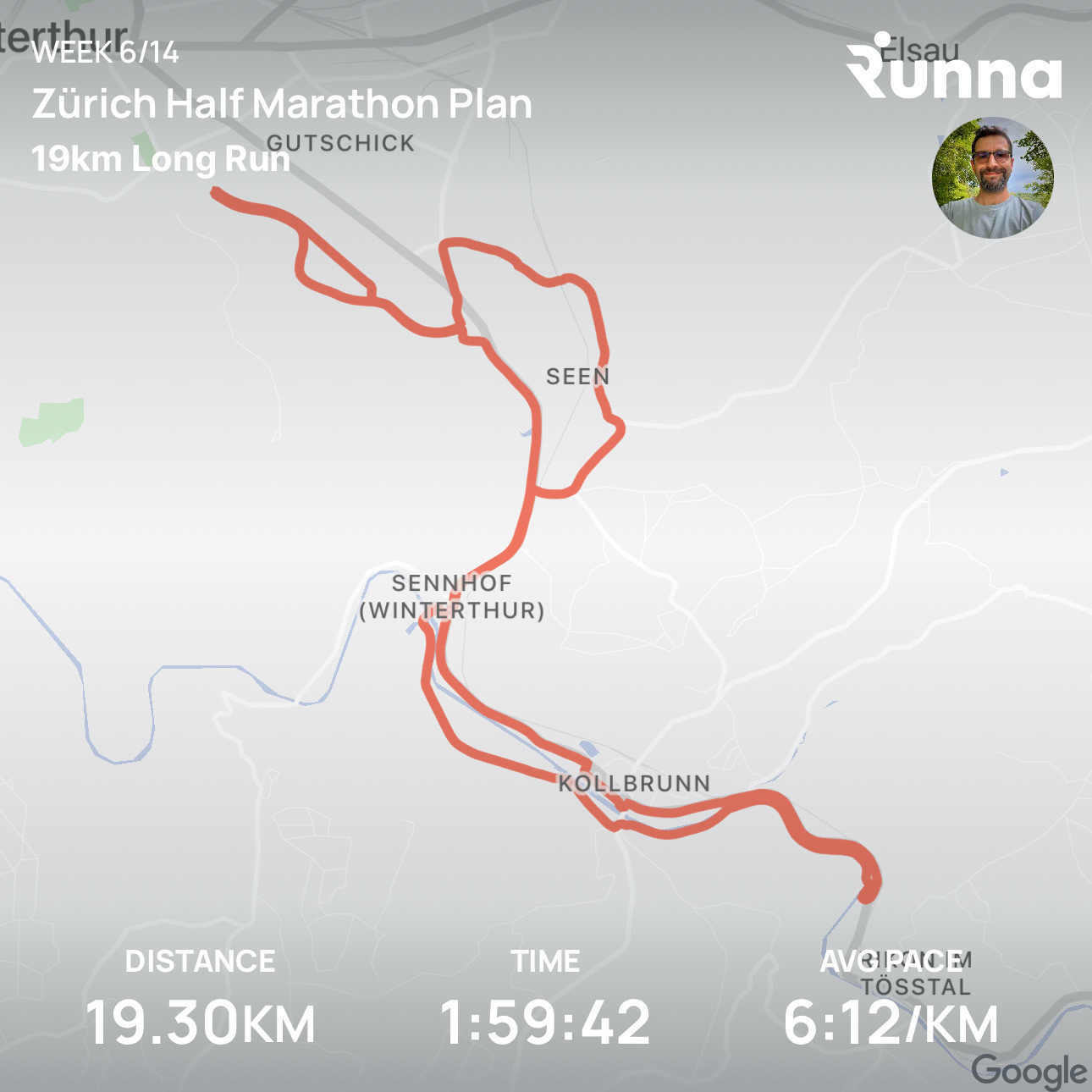 A map shows a running route in Zürich, featuring a 19-kilometer long run completed in 1 hour and 59 minutes with an average pace of 6:12 per kilometer, as part of a half marathon training plan.