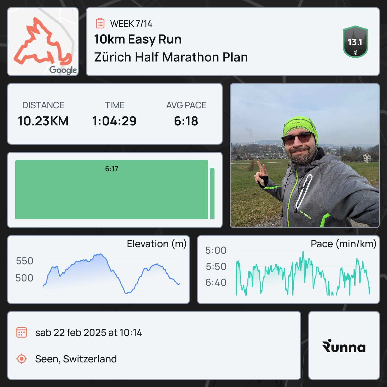 A person is posing outdoors during a run, with an overlay showing details of a 10km Easy Run as part of the Zürich Half Marathon Plan, including distance, time, pace, and elevation.