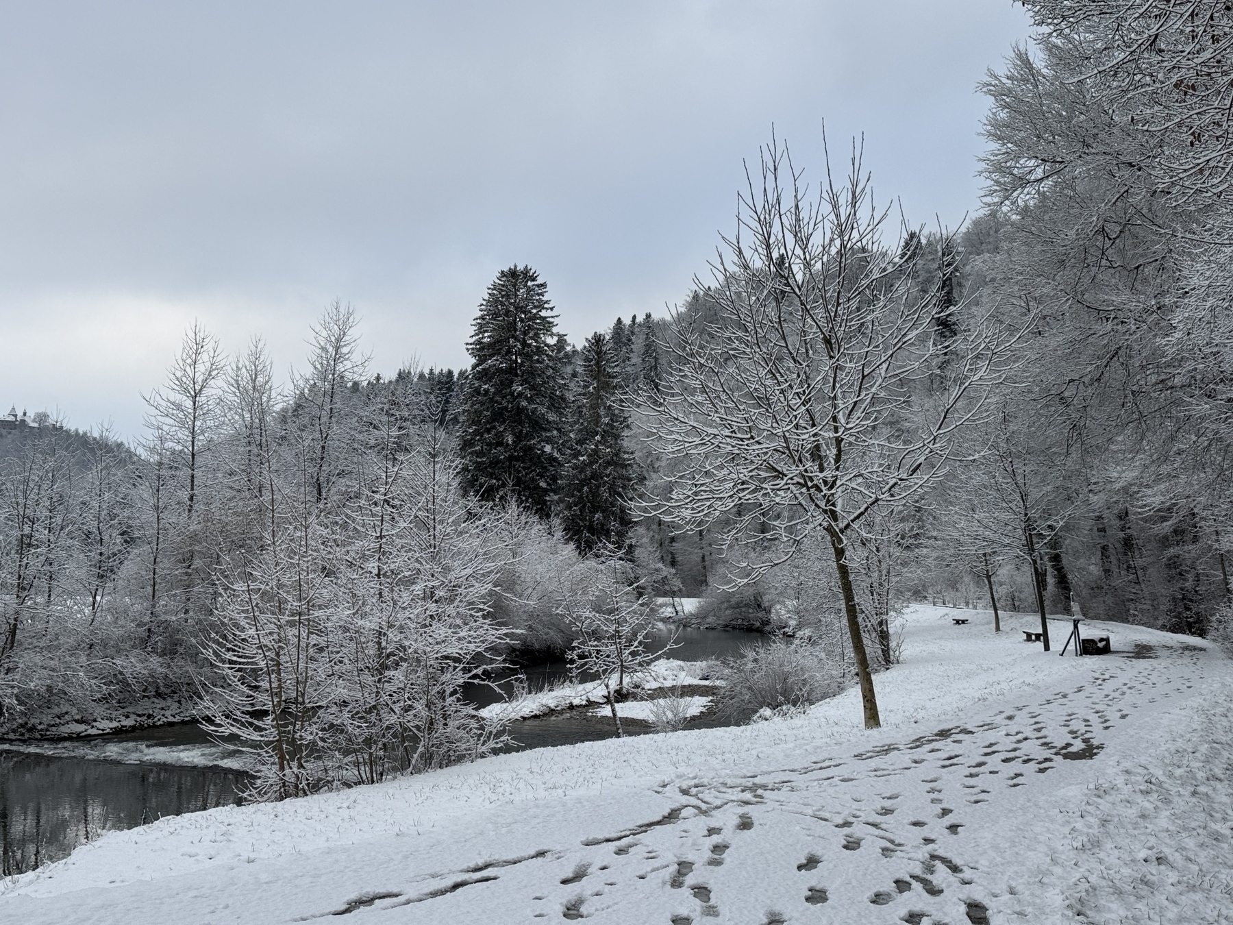 A snowy landscape features trees dusted with snow, a gentle river, and footprints on the ground under a cloudy sky.