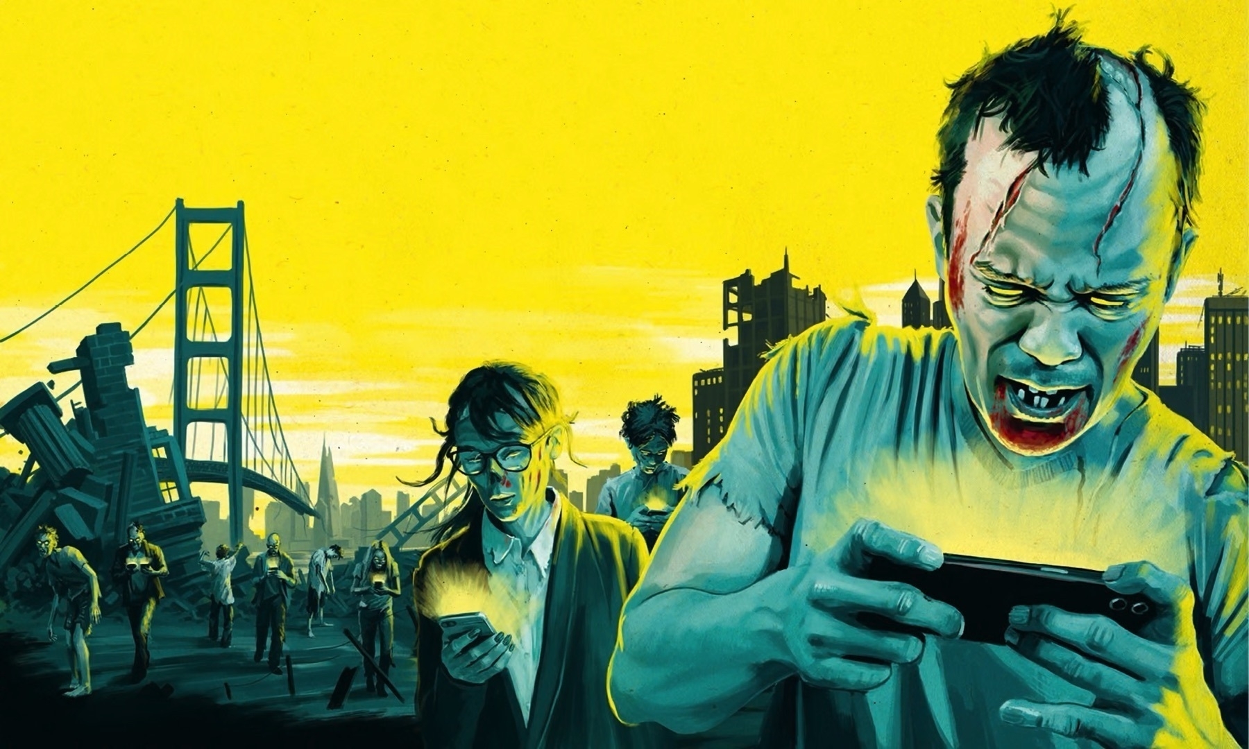 Illustration of zombies using phones in San Francisco