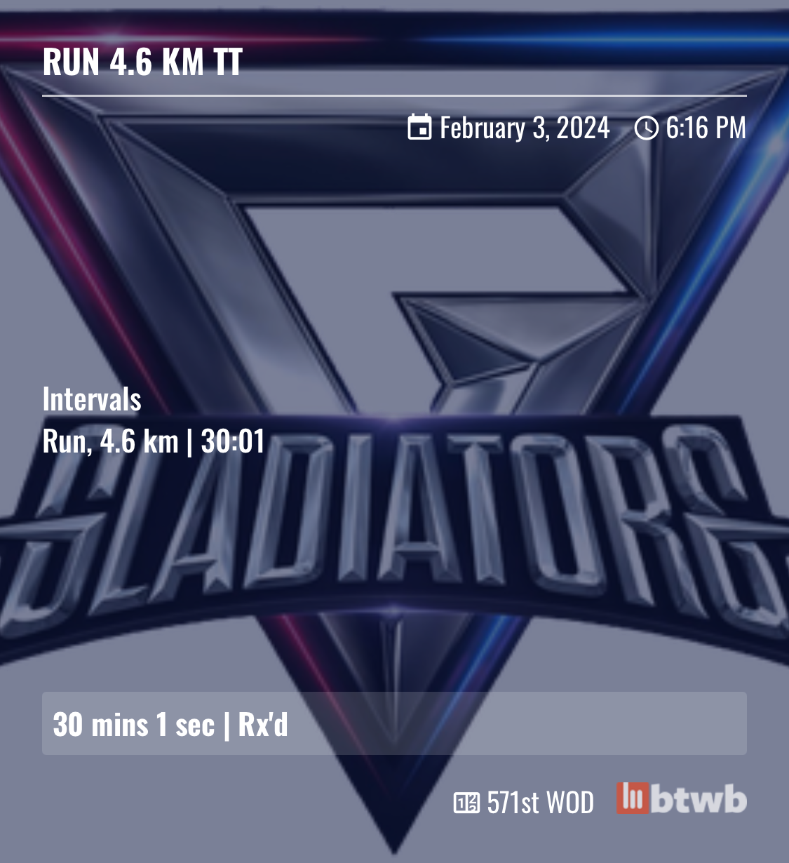 Workout of 4.6km run in 30minutes over the new Gladiators logo