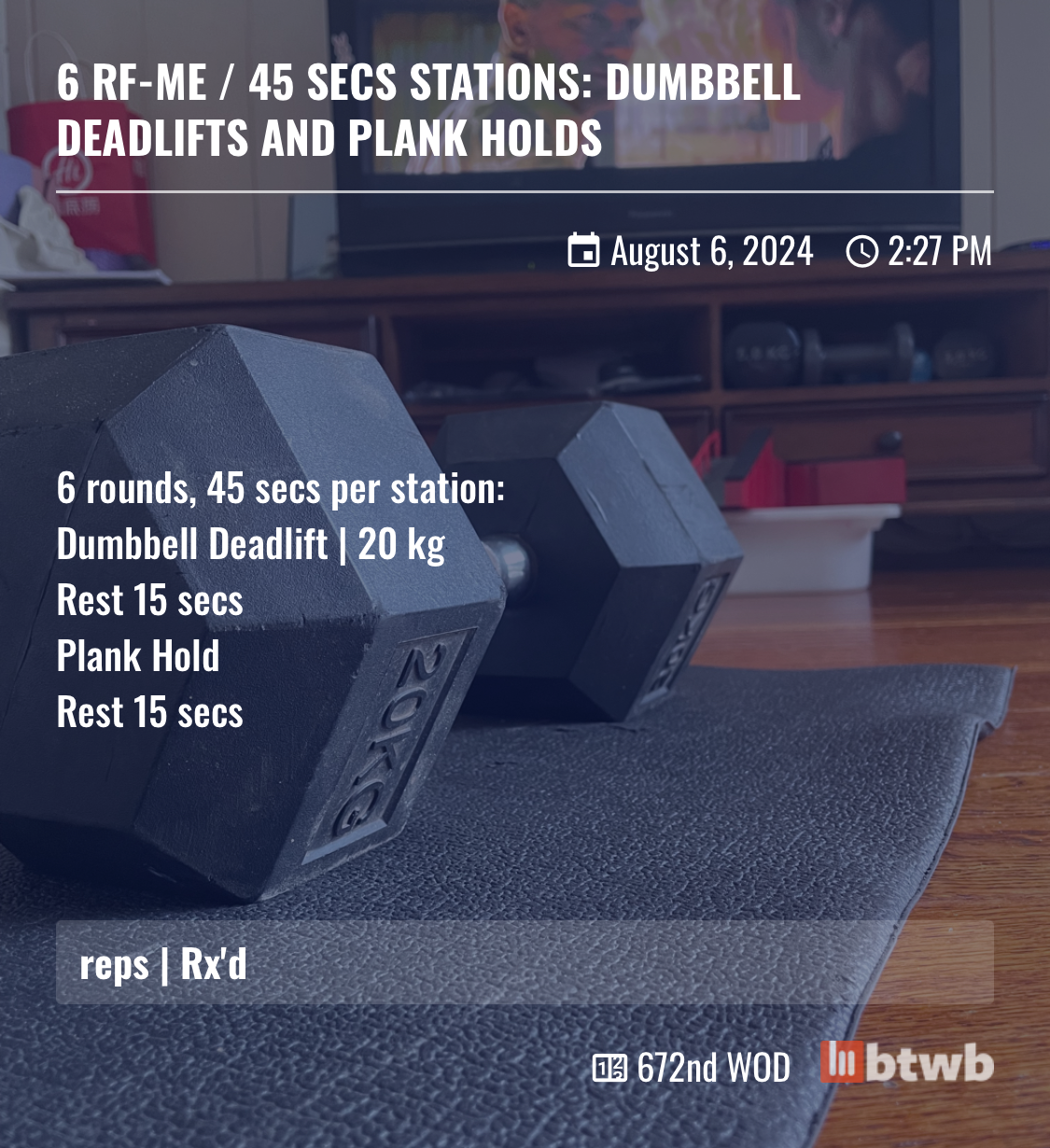 Workout description of dumbbell deadlifts and planks 