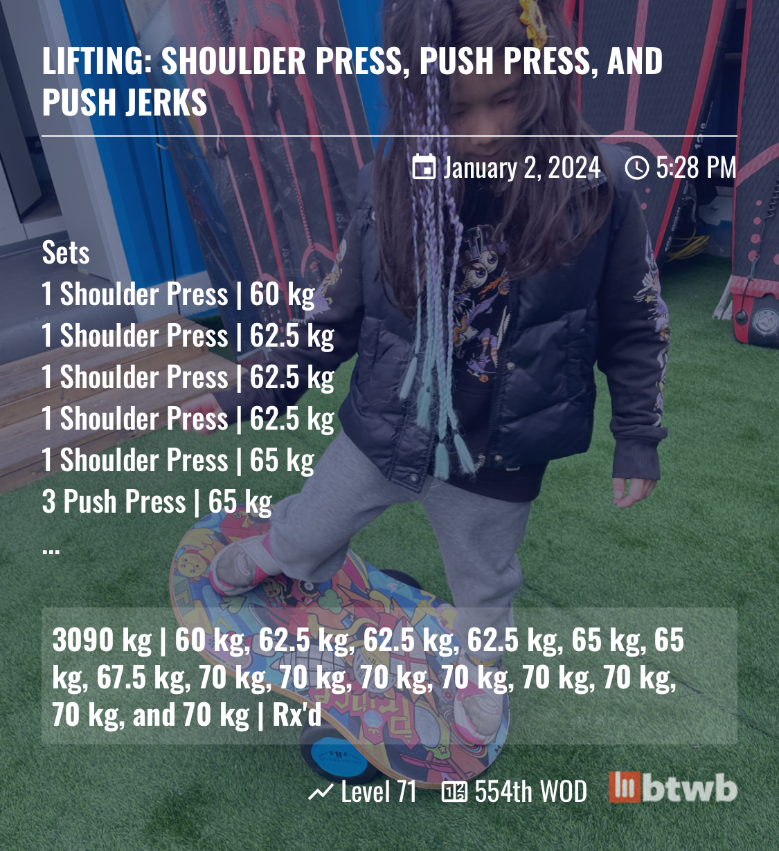 Information about my workout. 5x1 shoulder press. 5x3 push press. 5x5 push jerk.