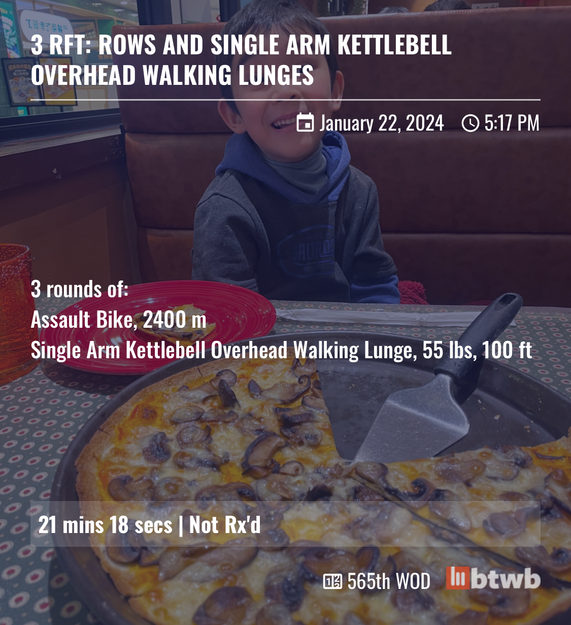 Workout information overlaid over a picture of Yumo eating pizza