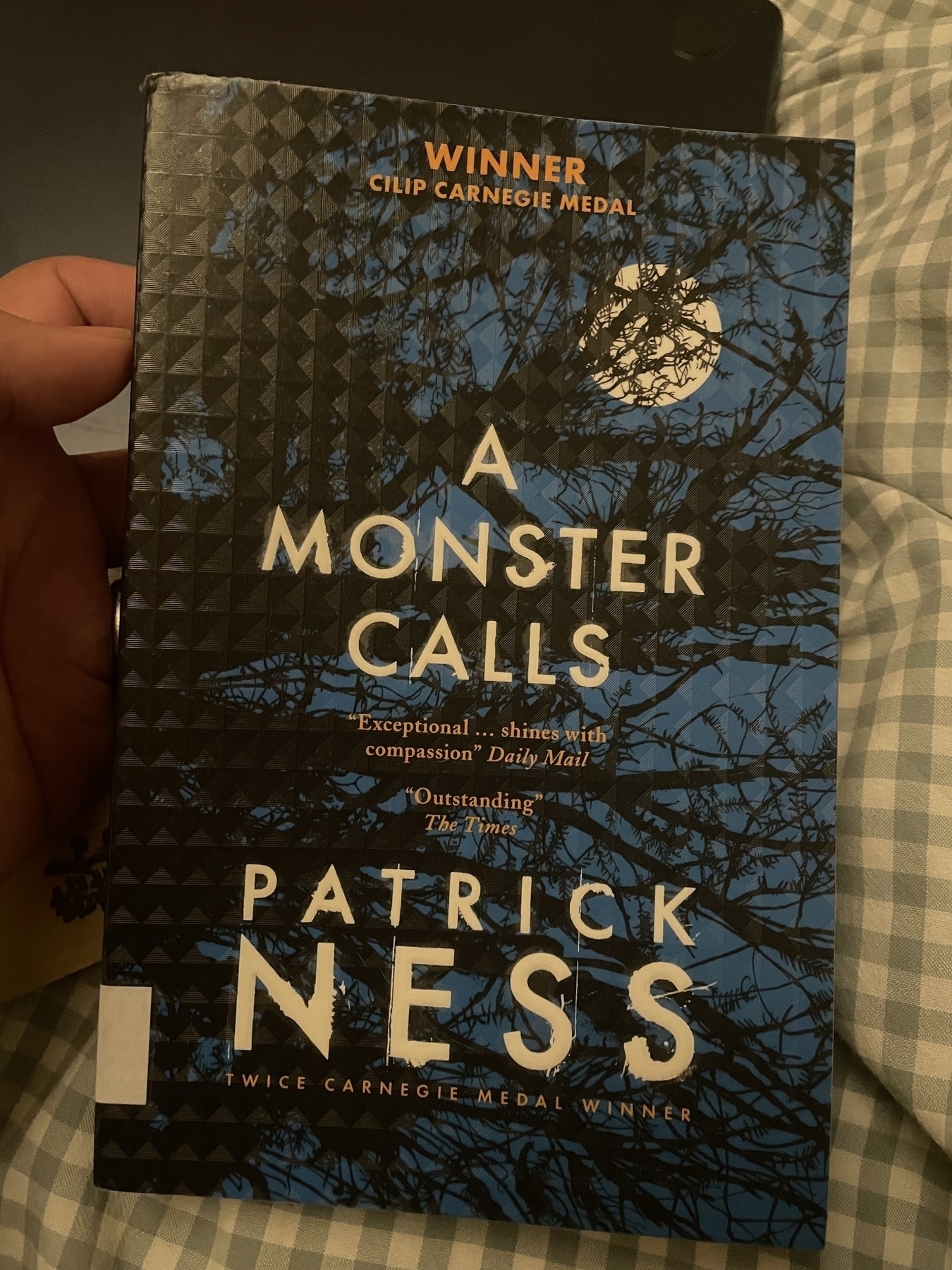 A hand holds a book titled "A Monster Calls" by Patrick Ness, featuring a blue and black cover with tree branches and award mentions.