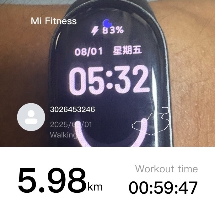 A fitness tracker display shows date, time, battery level, and walking activity with distance and duration.