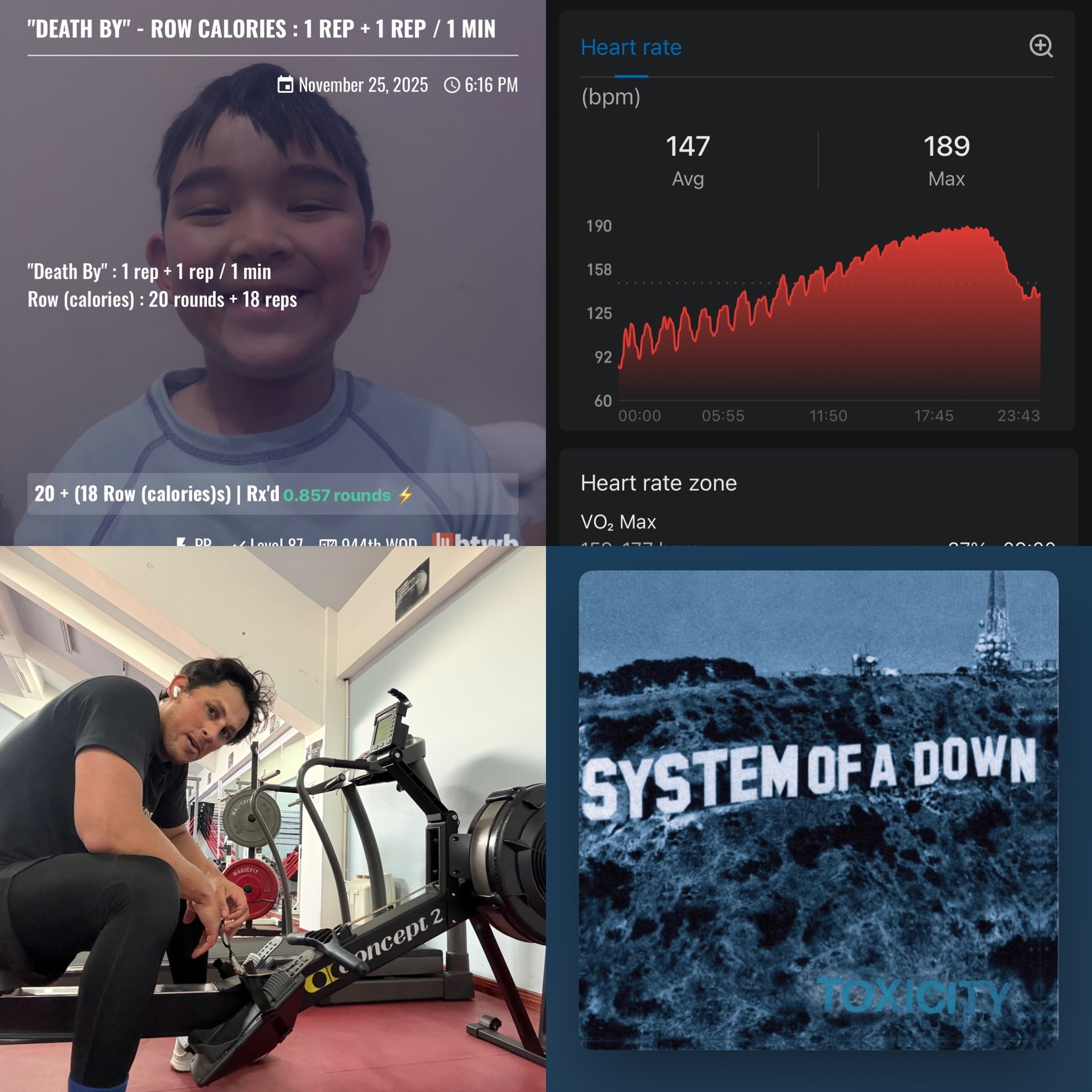 A collage showing a child after rowing exercise with performance metrics, a person using a rowing machine, heart rate data, and an album cover titled Toxicity.