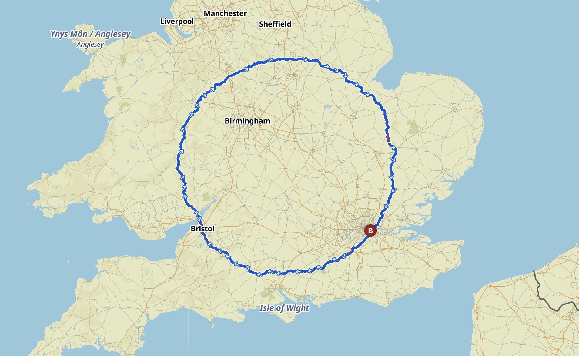 A map of England shows a circle centered around a location near London, encompassing cities like Birmingham, Bristol, Liverpool, Manchester, and Sheffield.