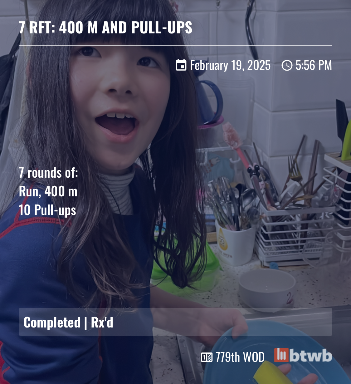 A child is washing dishes in a kitchen, with workout details displayed as an overlay.